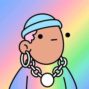 A cartoon illustration of a character with brown skin wearing a light blue beanie, large hoop earrings, and a chunky chain necklace with a pendant, set against a rainbow gradient background.