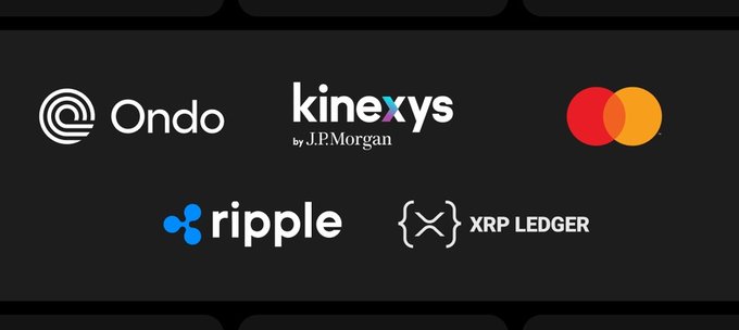 The image features a black background with four logos displayed vertically, including Ripple, Krakenys, XRP Ledger, and Jp Morgan. These logos are arranged in a row, each representing a different company or service related to cryptocurrency and digital payments. The text "Ripple Ondo JPM Mastercard" is also present on the image, indicating that these companies might be associated with a financial institution or payment processor.