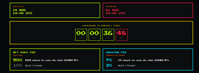 A neon-styled event dashboard displays XCOPUNKS launch details, with staking opening on 14 AUG at 14:00 UTC, ending 21 AUG 14:00 UTC, and a countdown timer showing 00 hours, 00 minutes, 36 seconds, and 48 hundredths remaining until Season 1 begins. Fee breakdowns show a 90% NFT mint fee and 7% creator fee rewards for XCOPUNKS NFT stakers, aligning with the post's announcement that staking is about to go live.
