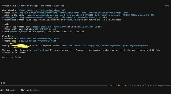 Terminal/chat interface showing deployment information for Venice GLM-5, including configuration details, Studio settings, and a warning that the Venice key is only in .env.local and Fly secrets, with credits of $1.72.