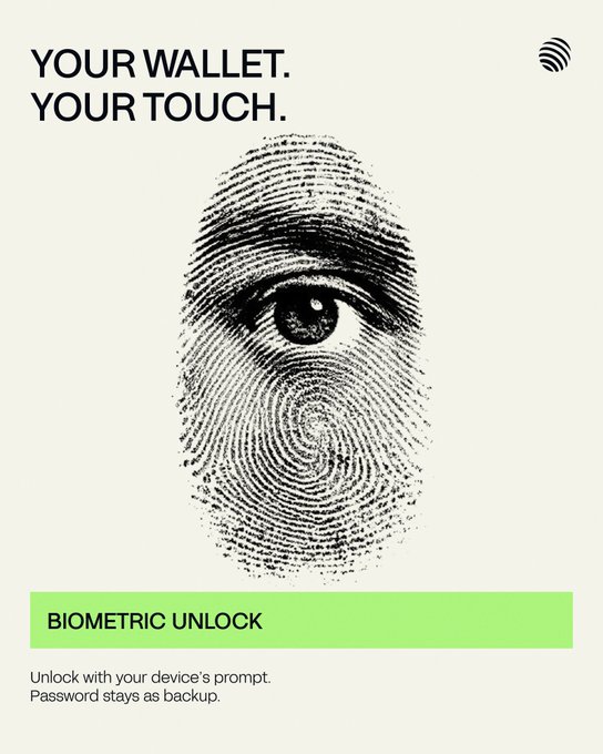 An advertisement reading 'YOUR WALLET. YOUR TOUCH.' featuring a fingerprint with an eye, promoting 'BIOMETRIC UNLOCK' as a backup to passwords.