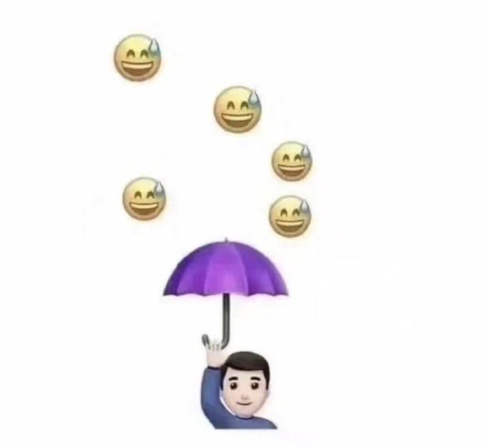 The image shows a cartoon figure holding a purple umbrella overhead to shield themselves from a downpour of sweat-drop smiley emojis falling from above. It humorously illustrates the post "出门还是要带伞" ("Still need to bring an umbrella when going out"), suggesting that the "rain" of laughing/sweating emoji faces requires protection.