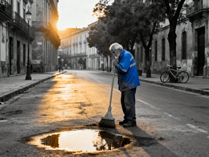 An elderly street sweeper in a blue jacket pauses on an urban street at sunset, standing next to a puddle that reflects the golden sky.
