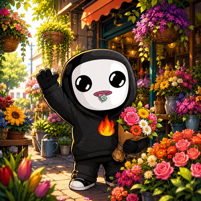 A cartoon character wearing a black hoodie with a flame design, holding flowers and standing next to a flower shop.