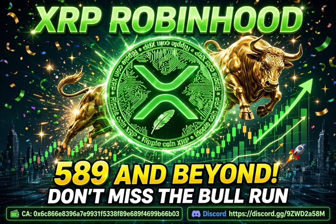 A promotional graphic titled 'XRP ROBINHOOD' showing a golden bull charging past a glowing green XRP coin logo with an upward chart arrow, featuring the text '589 AND BEYOND! DON'T MISS THE BULL RUN' along with a contract address '0x6c866e8396a7e9931f5338f89e689f4699b66b03' and a Discord link 'https://discord.gg/9ZWD2a58M'.