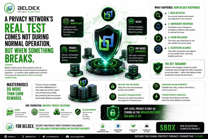 A detailed infographic for 'Beldex' titled 'A Privacy Network's Real Test Comes Not During Normal Operation, But When Something Breaks', explaining their decentralized chat ecosystem with sections on BNS Marketplace, BelNet, BChat, and ecosystem response.