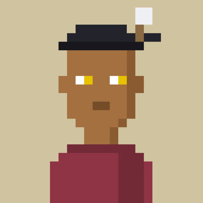 A minimalist pixel art portrait of a person with dark skin, yellow eyes, wearing a dark red shirt and a black graduation cap with a white tassel, set against a plain beige background.