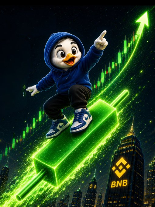 A cartoon duck in a blue hoodie surfs on a glowing green candlestick chart above a city skyline, with a "BNB" building prominently displaying the Binance logo. The image playfully visualizes the post's theme of riding bullish momentum, reinforced by the #bnb tag and $Aidove ticker reference.