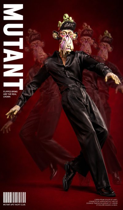 A promotional-style image for Mutant Ape Yacht Club features a figure in a black shirt and trousers wearing a distinctive purple-faced monkey mask with a "BAYC" cap, posed dynamically against a dark red background with multiple faded echoes of the same figure. The bold "MUTANT" text runs vertically on the left, with "FLIPPED SKRIMS ARE THE REAL CROWN" beneath it, and small text at the bottom reads "LOWER PRISM COLOR BY KART, CONNECTING PAPER. INSPIRED BY BRAND EKRUMOO TEMPER INCUBATION 1/1 LAYOVER" with "MUTANT APE YACHT CLUB" branding, directly tying into the Bored Ape Yacht Club NFT collection referenced in the post.