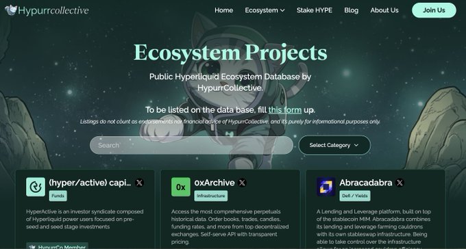 The HypurrCollective website displays an 'Ecosystem Projects' database, listing crypto projects like (hyper/active) capi... under 'Funds', 0xArchive under 'Infrastructure', and Abracadabra under 'DeFi / Yields'.