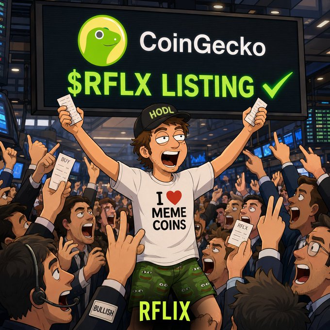 An animated illustration shows an excited trader wearing a "HODL" hat and "I ❤️ MEME COINS" shirt celebrating in a packed stock exchange-style crowd, while a large screen behind him displays "CoinGecko" with its gecko logo and "$RFLX LISTING ✓" in bright green text. The image visually celebrates the $RFLX token's official verification and listing on CoinGecko, matching the post's announcement.