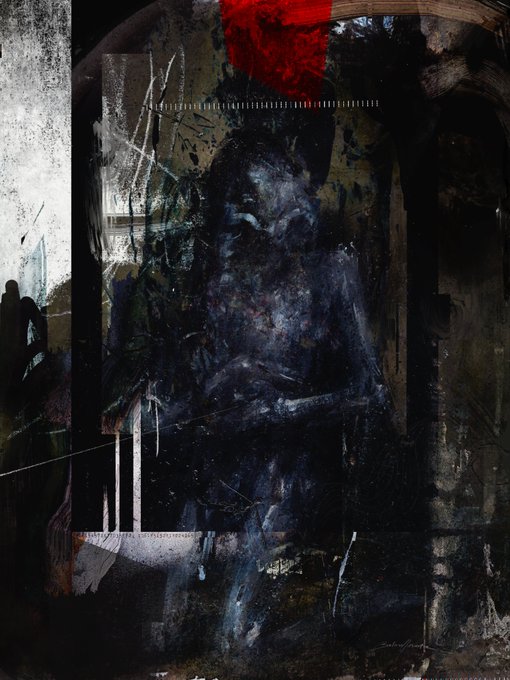 "Gloom" – a dark, moody digital artwork featuring a shadowy figure in a desolate urban setting, with a striking red form above contrasting against the predominantly black and gray tones; the piece aligns with its title's theme of melancholy and urban decay, and is available as 3 out of 10 editions on @objktcom.