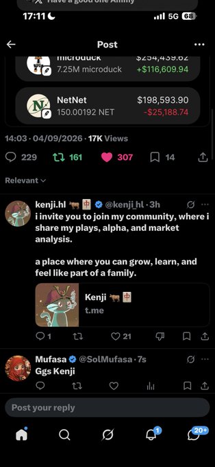 A mobile screenshot of a social media post showing portfolio values for microduck and NetNet, with replies from kenji.hl and SolMufasa.