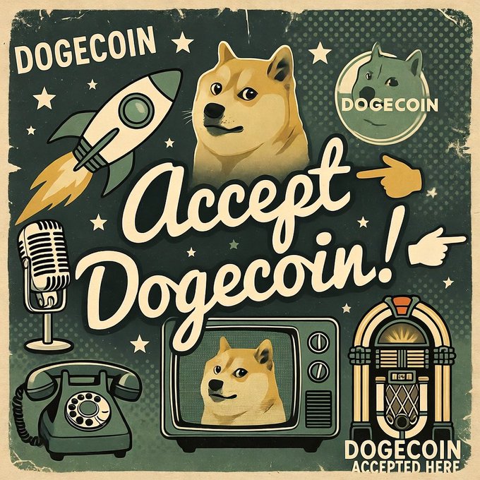 The image features a cartoon dogecoin character with a speech bubble that reads "accept dogecoin!". This message is accompanied by various other elements, such as a rocket ship, a microphone, and a radio, which are all related to the theme of accepting Dogecoin. The overall design and layout of the image suggest it could be part of a promotional campaign or advertisement for Dogecoin.