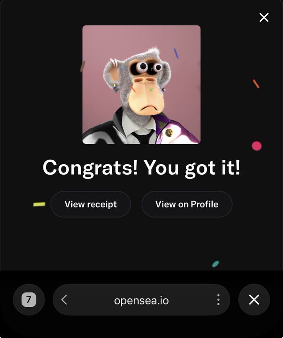 A screenshot from opensea.io shows a 'Congrats! You got it!' message for a purchased NFT featuring a sad-looking monkey character in a purple and white jacket.