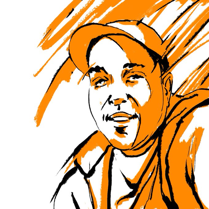 A bold orange and black ink-style illustration portrays a man wearing a cap, with expressive brush strokes radiating outward.