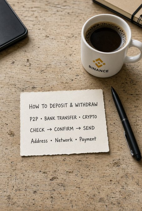 A white Binance mug of coffee sits next to a handwritten note on a cork desk reading "HOW TO DEPOSIT & WITHDRAW • P2P • BANK TRANSFER • CRYPTO • CHECK → CONFIRM → SEND • Address • Network • Payment," visually reinforcing the post's warning that rushing through P2P deposit and withdrawal steps—rather than misunderstanding them—is the real cause of lost funds.