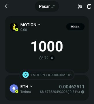 A cryptocurrency exchange screen showing a swap from MOTION to ETH, with 1000 MOTION valued at $8.72 and 0.00462511 ETH.