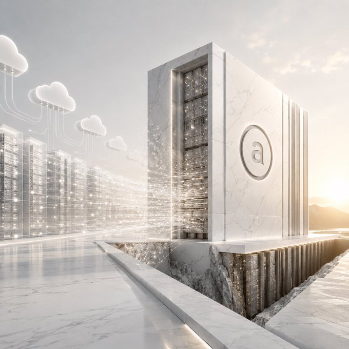 The image features a large white building with a unique design, surrounded by a lot of glass windows. The building has a circular logo at its center that reads "a". The sky above the scene is filled with clouds, creating an interesting contrast between the white building and the blue sky. The post also mentions that data should be rented in the future, which could potentially impact how people perceive and interact with buildings or spaces.