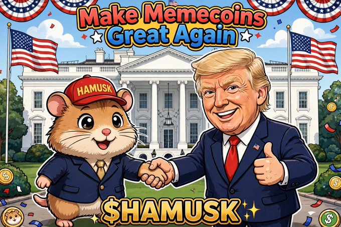 A cartoon image titled 'Make Memecoins Great Again' featuring a hamster wearing a 'HAMUSK' hat shaking hands with a caricature of Donald Trump in front of the White House, with '$HAMUSK' text below.