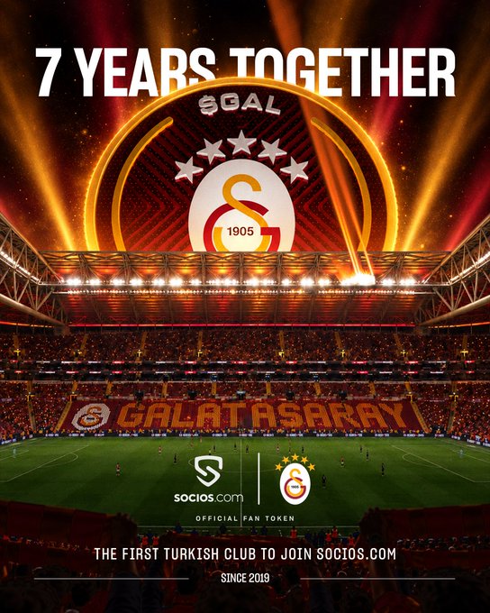 A celebratory graphic for Galatasaray soccer club reading '7 YEARS TOGETHER' with the Socios.com logo, noting 'THE FIRST TURKISH CLUB TO JOIN SOCIOS.COM SINCE 2019' as the official fan token.