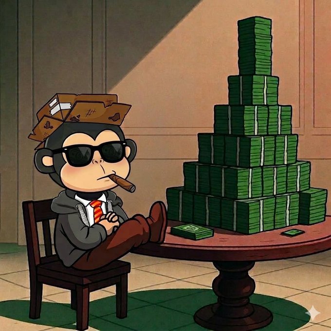 A cartoon monkey wearing sunglasses, a hoodie, and a red tie, smoking a cigar while sitting in a chair next to a massive pyramid of stacked green cash on a table.