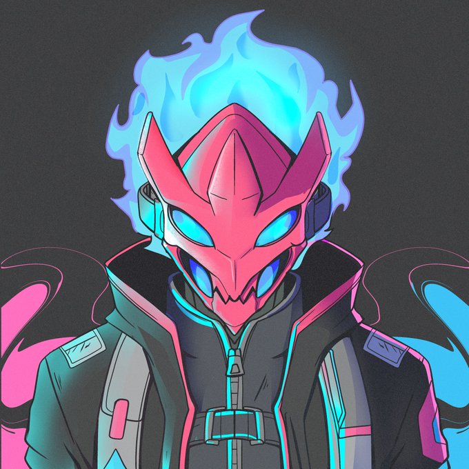 A vibrant digital illustration showcases a cybernetic character wearing a red fox-like helmet with glowing blue eyes and electric blue flames erupting from the top, dressed in a dark techwear jacket. The futuristic, energetic aesthetic of the artwork visually represents the "SPARK" NFT being sold for 1.2 ETH, with its fiery, dynamic energy reflecting the excitement of reaching a new all-time high.