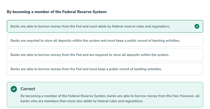A multiple-choice quiz question displaying the correct answer about Federal Reserve System membership, noting that member banks can borrow from the Fed but must comply with federal regulations. The accompanying post promotes Ripple ($XRP) by claiming it can borrow directly from the Federal Reserve.