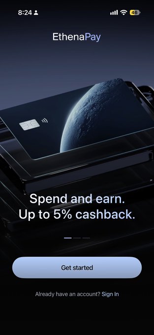 The EthenaPay mobile app welcome screen featuring a dark space-themed image with text 'Spend and earn. Up to 5% cashback.' and a 'Get started' button.