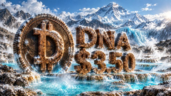A digital artwork featuring a large Bitcoin coin and text reading 'DNA $3.50' set in a mountainous landscape with snow-capped peaks, blue icy waters, and waterfalls.
