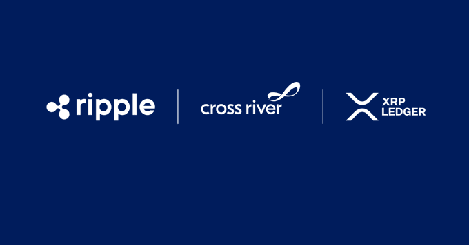 A navy blue graphic displaying three logos side by side: Ripple, Cross River, and XRP Ledger, suggesting a partnership between the cryptocurrency company and the banking institution.