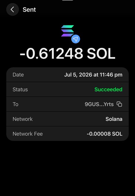 A mobile screenshot of a successful Solana wallet transaction showing -0.61248 SOL sent (with a 0.00008 SOL network fee) on July 5, 2026 to address starting "9GUS...Yrts". The image serves as proof of the "Sent you" message, with the "Congratulations" and "Who is next" text implying a giveaway or referral context where the recipient is being prompted to continue the chain.