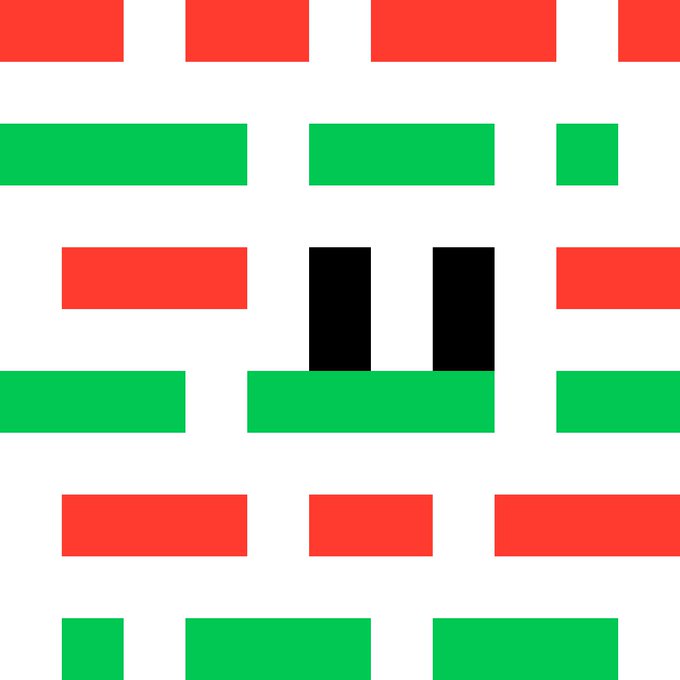 Pixel art image composed of red, green, white, and black rectangles arranged in a grid pattern.
