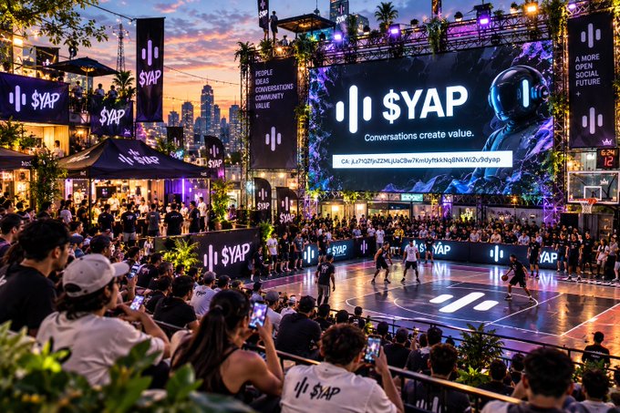 An outdoor event at sunset with large screens displaying '||$YAP' branding and 'Conversations create value' message, showing a basketball court surrounded by a crowd of spectators.