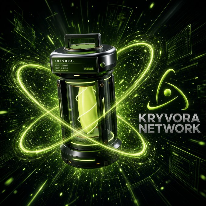 A digital artwork for 'KRYVORA NETWORK' depicting a futuristic black cylindrical device with glowing green energy swirling around it, alongside the KRYVORA logo.