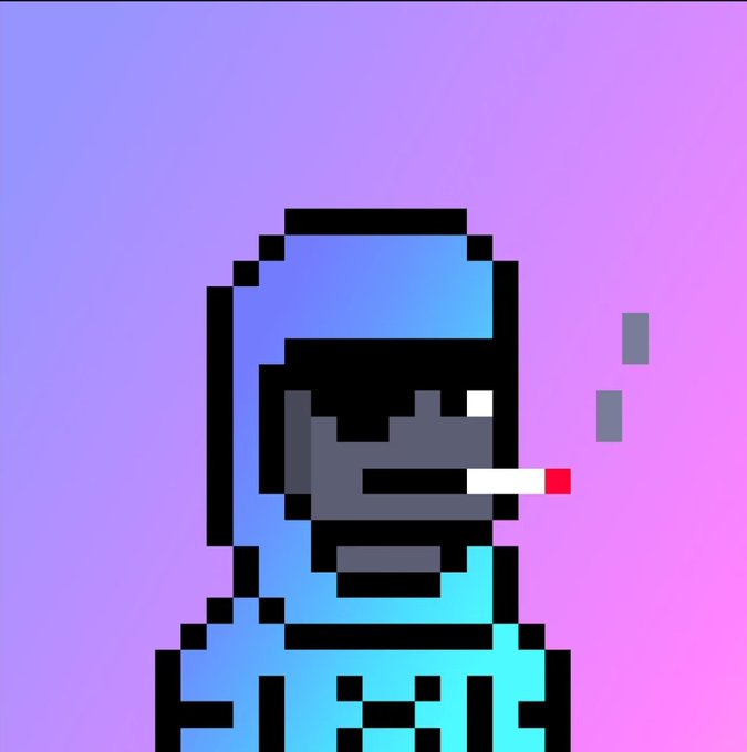 A pixel art illustration of a hooded figure in a blue hoodie with a dark face, smoking a cigarette, set against a purple and pink gradient background.
