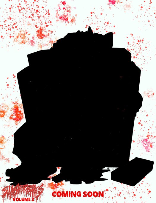 A black silhouette of a character against a white background with red paint splatters, with text at the bottom reading "SLASHER HOUSE VOLUME 2" and "COMING SOON".