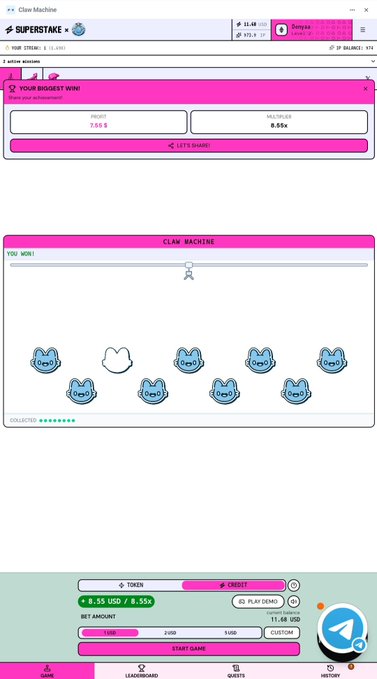 A screenshot of the 'Claw Machine' gambling game on SuperStake, showing a virtual arcade with blue cat toys and a profit display of $1.48.