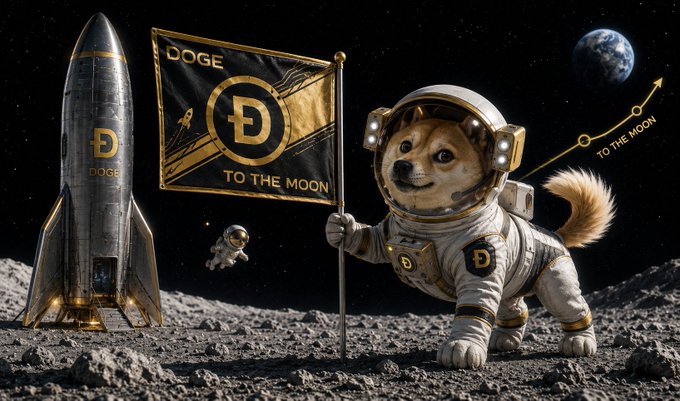 The image features a dog dressed as an astronaut, standing on a rocky surface with a flagpole nearby. The flag has "DOGE To The Moon" written on it. This suggests that the image might be related to a promotional campaign or event for the cryptocurrency DOGE (Decentralized Digital Currency).