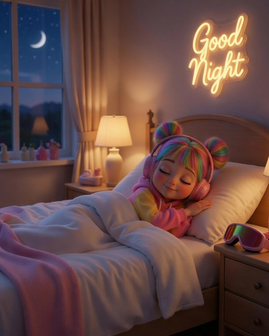 A digital illustration of a child with rainbow-colored hair buns and headphones sleeping in bed, with a glowing 'Good Night' neon sign on the wall.