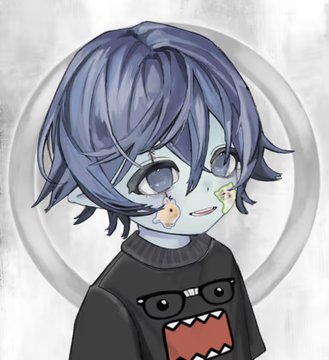 An anime-style digital illustration of a character with short purple hair, large purple eyes, and a small pink creature on their cheek, wearing a black shirt featuring a cartoon monster face.