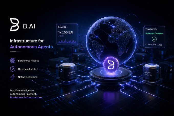 A marketing graphic for 'B.AI' describing it as 'Infrastructure for Autonomous Agents' with features including Borderless Access, On-chain Identity, and Native Settlement, featuring a glowing globe and digital interface.