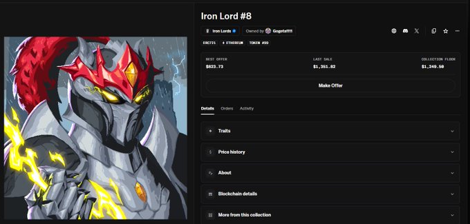 An OpenSea NFT listing for 'Iron Lord #8' owned by GageRaffIII, showing a best offer of $823.73, last sale of $1,351.62, and collection floor of $1,349.50, featuring artwork of an armored knight character.
