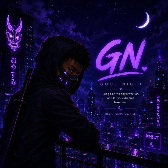 An anime-style illustration of a hooded character with a glowing mask overlooking a purple-lit cyberpunk cityscape at night, featuring the text 'GN. GOOD NIGHT - Let go of the day's worries, and let your dreams take over. REST. RECHARGE. RISE.'