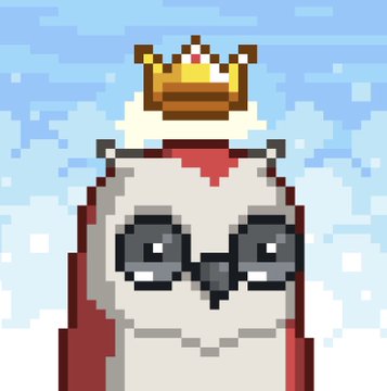 A pixel art image of an owl wearing a crown and round glasses against a blue sky with clouds.