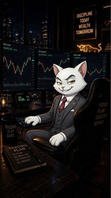 An anthropomorphic white cat in a business suit sits at a trading desk with multiple monitors showing BTC/USDT and ETH/USDT charts, a 'DISCIPLINE TODAY WEALTH TOMORROW' sign, and a 'TRADING PLAN' notebook.