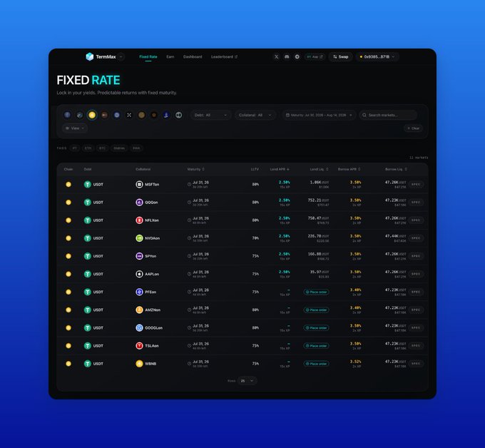 Screenshot of the TermMax 'FIXED RATE' dashboard showing a list of 11 markets with USDT collateral, displaying APRs around 2.5%-3.5% and lock-in yields until July 26.
