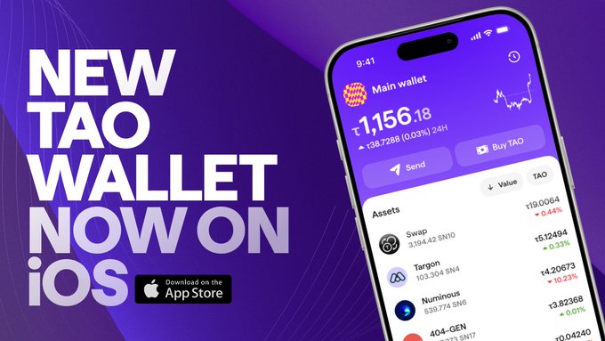 The image shows a smartphone displaying an app called Tao Wallet for iOS. The phone's screen features a purple background with white text, which reads "New Tao Wallet for iOS" followed by "The new design. New Swap. Faster, smoother, more reliable." Below this, there is a list of the app's features and benefits, including that it can be used to send and receive Bitcoin, Litecoin, and other digital assets. The post also mentions that the app has been updated with a new design and improved functionality.