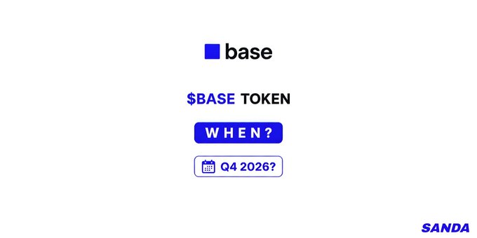 A minimalist graphic showing the Base logo with text reading "$BASE TOKEN", a "WHEN?" button, and "Q4 2026?" displayed on what appears to be a tablet screen, with "SANDA" branding at the bottom right.