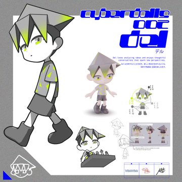 A character design reference sheet for "cybertale" showing a stylized animated boy named "デミ" (Demi) in various poses.